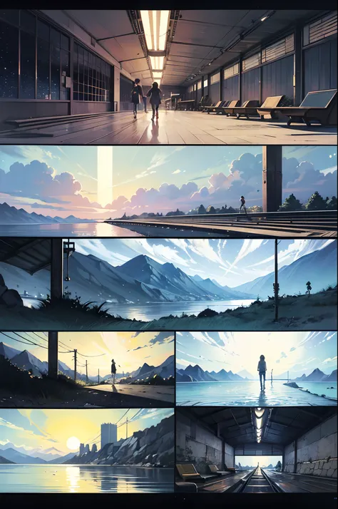 comic strip，Cartoon Split（4 or 5 or 6 tiles），Storyboard，Masterpiece, Anime train passing through bodies of water on tracks, Bright starry sky. Romantic train, Makoto Shinkais picture, Pisif, concept-art, Lofi art style, Reflection. By Makoto Shinkai, Lofi ...