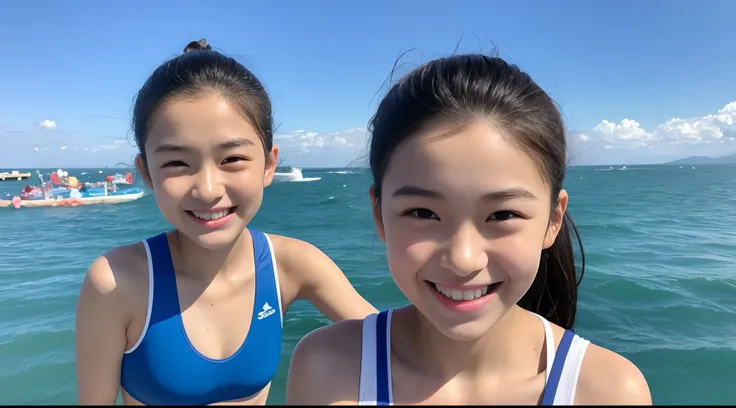 A 16-year-old girl，Leaning on the bow of a luxury cruise ship，Look at the lens head-on，Close-up of the face，A hopeful smile，Smile without showing your teeth，Ultra wide angle lens overhead shot for girls，and the sun was shining brightly，with blue sky and wh...