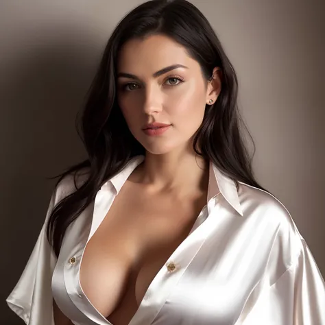 realistic photo, woman, long dark hair, wearing a cowboy cape, wearing only a white silk shirt, with some buttons open and showing part of her breast, with a soft light on her