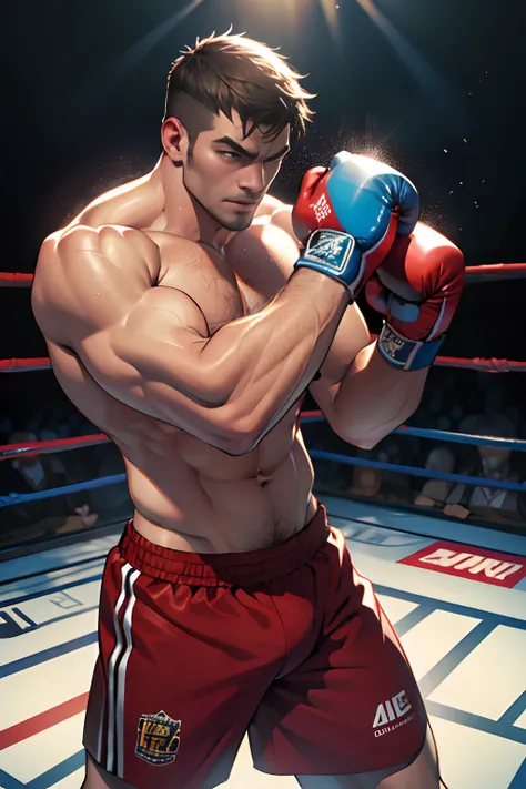 In the ring，1 boxer，The face is steely，Wear boxing gloves，musculous，anatomy correct，The composition is reasonable，tmasterpiece，high qulity，16k，UHD resolution