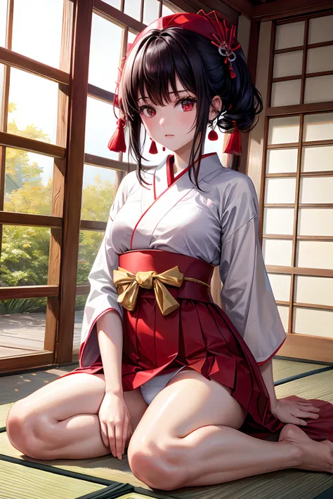 hight resolution, top-quality,  ultra-quality, The ultra-detailliert, lighting like a movie、Girl in Red Priestess Uniform、Short Hakama、A dark-haired、traditional Japanese room、sit down and open legs、white  panties、