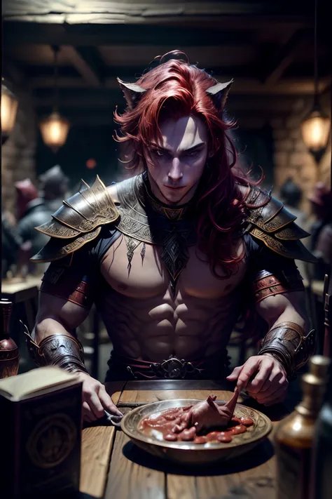 A Masterpiece  Fantasy World,  Red Hair Cat man warrior, at a medieval tabern, Perfect Face, Perfect body, Perfect cat ears, Cinematic, Dark fantasy, Vibrant, HD