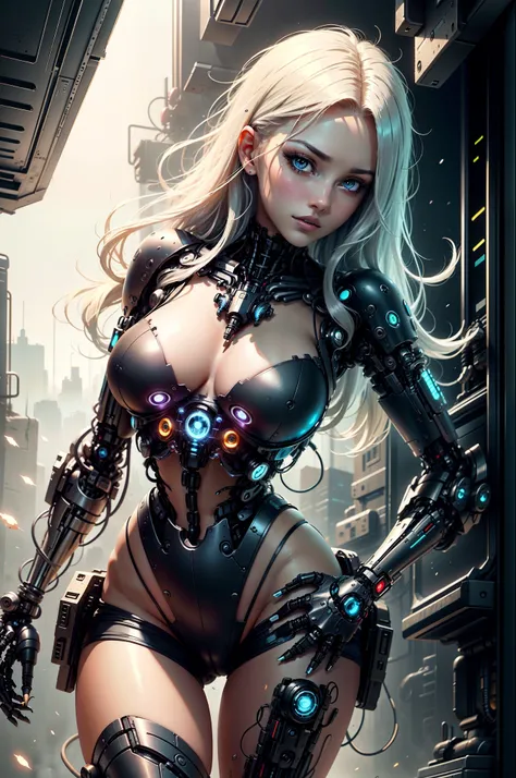 Beautiful sexy girl with long white hair with mechanical eye cyborg robot prosthesis on arm looking at me at full height cyberpunk space city short shorts sexy thighs blue eyes background slums metropolis anime style