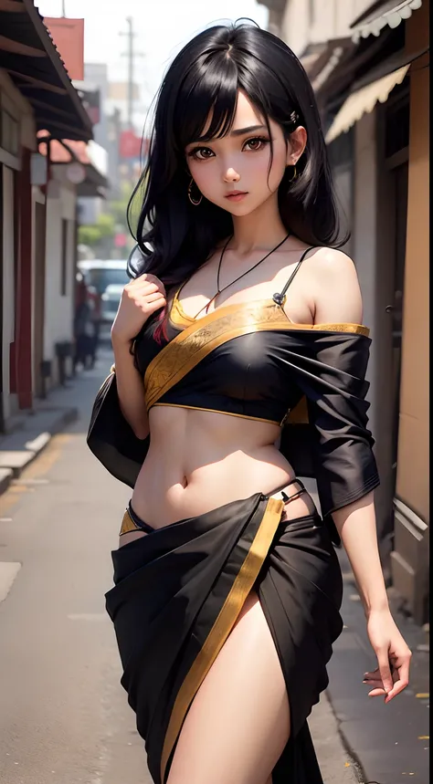 Cute anime girl, traditional saree, open black hair, ultra realistic, 8k,