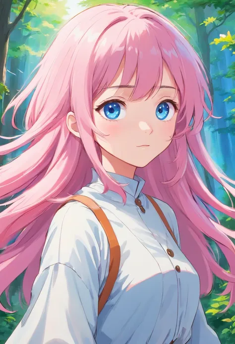 Anime like shikimori, pink hair, girl, super cute, big hair, blue eyes,