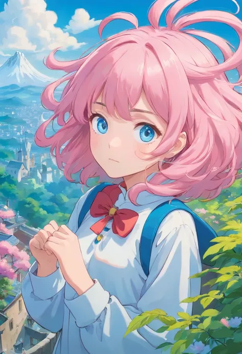 Anime like shikimori, pink hair, girl, super cute, big hair, blue eyes,