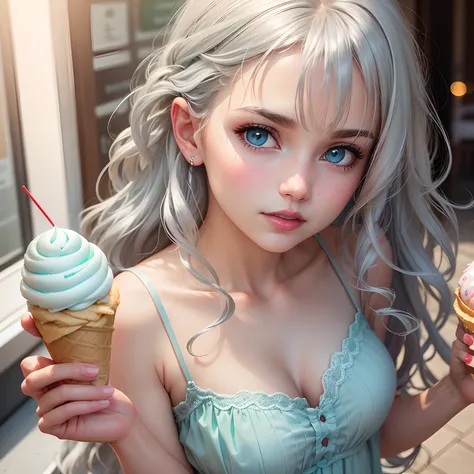 Close-up of a person holding an ice cream cone, Sweet girl, Wavy silver-haired woman, Bangs, Light blue eyes, Red lips, Gentle green dress,