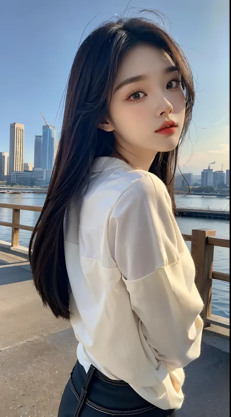 ​masterpiece、top-quality)、1 beutiful girl、Slim body、((Black and white plain clothes:1.1))、(Detailed beautiful eyes)、In the Han River、((Boyish Brown Medium Hair))、((Smaller face))、((Neutral face))、((Light brown eyes))、((Korean Girl))、((18year old))、((cool l...