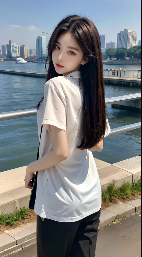 ​masterpiece、top-quality)、1 beutiful girl、Slim body、((Black and white plain clothes:1.1))、(Detailed beautiful eyes)、In the Han River、((Boyish Brown Medium Hair))、((Smaller face))、((Neutral face))、((Light brown eyes))、((Korean Girl))、((18year old))、((cool l...