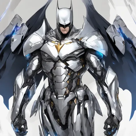 batman in armor with a sword and a cape on his shoulders, intricate assassin mecha armor, elegant smooth silver armor, sleek smooth white plated armor, silver cyber armor, gold and silver armour suit, shiny silver metal armor, arasaka mech, white plated ar...