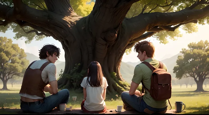 Draw a final scene of Sam, Mia, and Ben, sitting under the ancient oak tree, sharing their tales and bonding over the unforgettable adventure they had together.