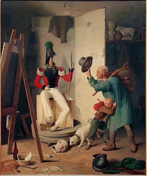 Painting depicting a man in a green coat and a man in a red coat, Oras Verne, Louis-Léopold Boilly, satirical painting, inspired by Louis-Léopold Boilly, Karl Spitzweg. sharp-focus, fine painting, 1 8 3 0 s Painting in style, inspired by Horace Vernet, Fre...