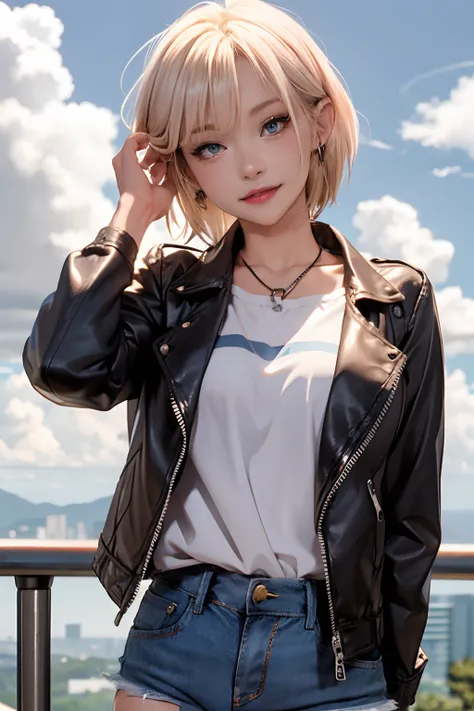 1girl in, Solo, Android 18, Blonde hair, Blue eyes, Short hair, Jewelry, earrings, Smile, Jacket, Looking to the side, denim, Denim jacket, Upper body, lingerie, Closed mouth, cloud, skyporn, day, Looking away, Blue sky, 鎖骨,Leather Mini Skirt、full body、ove...