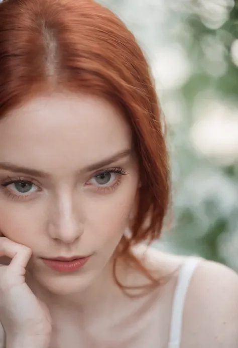 Close up photo of red hair girl staring at the camera.  Pensive, longing look.