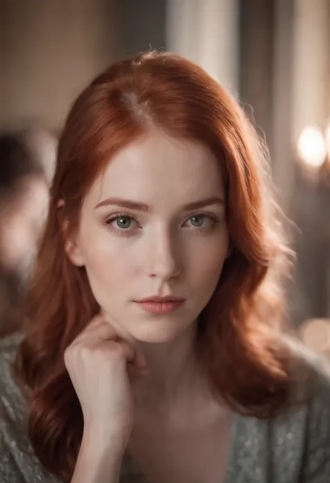 Close up photo of red hair girl staring at the camera.  Pensive, longing look.