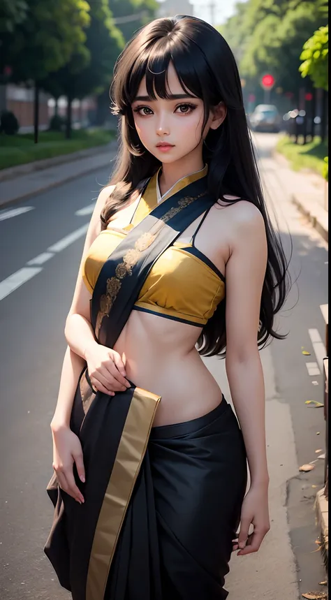 Cute anime girl, traditional saree, open black hair, ultra realistic, 8k,