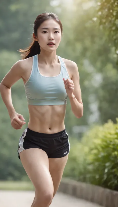 15 years old girl, Chinese girl, wearing sport shorts, running, sweeting, jogging, garden, morning, realistic lighting