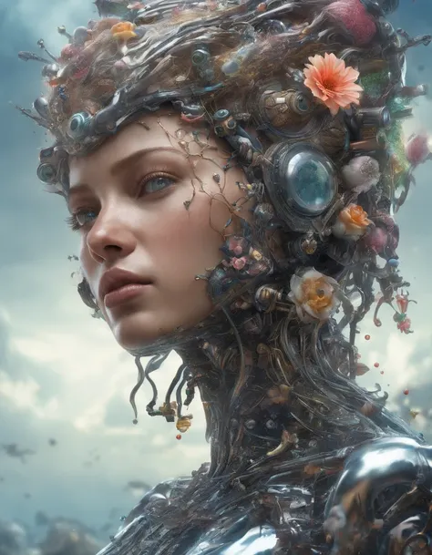 biomechanical style illustration beautiful woman, colorful melting human head. acrylic bubbles and flowers, ferrofluids, water distortions. looking up, intricate abstract. intricate artwork. beeple. blend of organic and mechanical elements, futuristic, cyb...