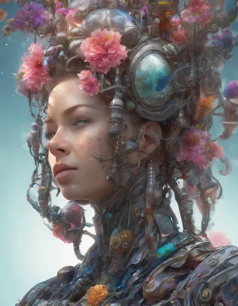 biomechanical style illustration beautiful woman, colorful melting human head. acrylic bubbles and flowers, ferrofluids, water distortions. looking up, intricate abstract. intricate artwork. beeple. blend of organic and mechanical elements, futuristic, cyb...