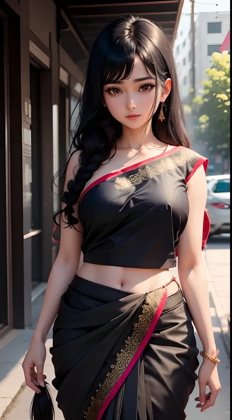 Cute anime girl, traditional saree, open black hair, ultra realistic, 8k,