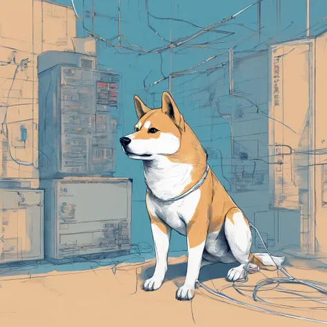 ( shiba inu ),(Best Pose),(best angle), (Better self-expression), beutiful, coloration, Background: Wall with wiring diagrams in blue