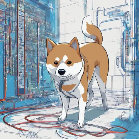 ( shiba inu ),(Best Pose),(best angle), (Better self-expression), beutiful, coloration, Background: Wall with wiring diagrams in blue