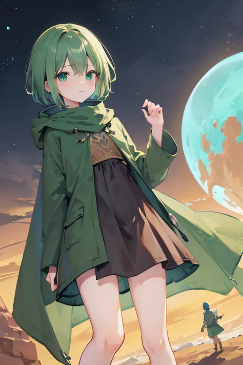 top-quality、hight resolution、detaileds, Desert People、Green cloak over underwear、Inside the desert city at night、green short-haired、Fantasy worldview,