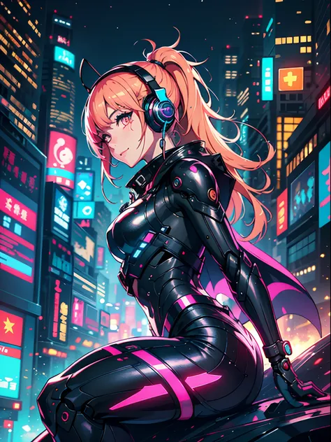 1 girl, Chinese_clothes, metallic black titanium and pink, cyberhan, cheongsam, cyberpunk city, dynamic pose, detailed luminescent headphones, luminous hair accessories, long hair, luminous earrings, glowing necklace, cyberpunk, high-tech city, full of mec...