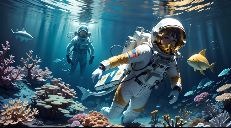 Image of astronaut with gold and silver suit standing,  near the colorful corals near the surface colorful fishes octopus and sharks