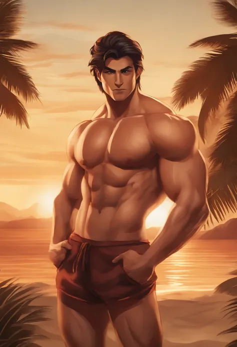 Kurama. 4K, High resolution, Best quality, posted on e621, seulement, corps anthropologique, male, adulte, masculine, (very muscular, poids lourd:1.2), anatomie correcte, (beach background, Sea background, Background of the sky, coucher de soleil:1.0), (bl...