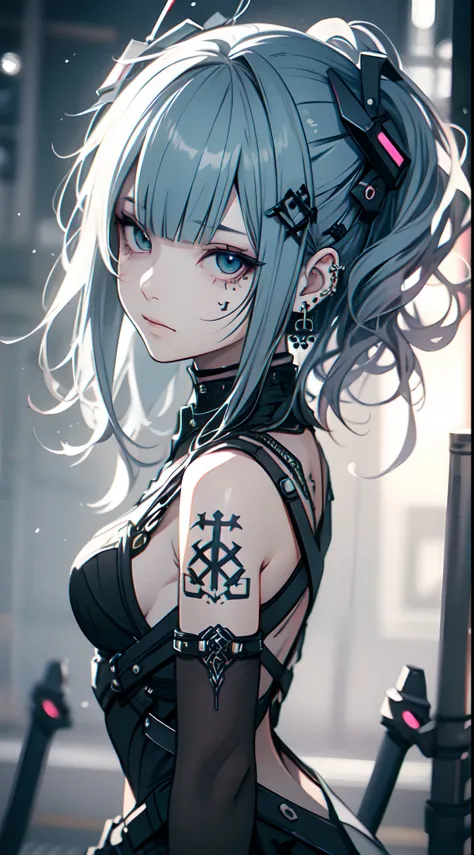 Hair ornaments、piercings、tattoo、godo_punk, 1girl in, solo,、highest qualityr, photorealistic, An ultra-thin illustrations, Beautiful attractive anime girl, Miku hatsune, slim body, tied hair, a girl, A picture of a girl, Full body shot, Beautiful blue eyes,...