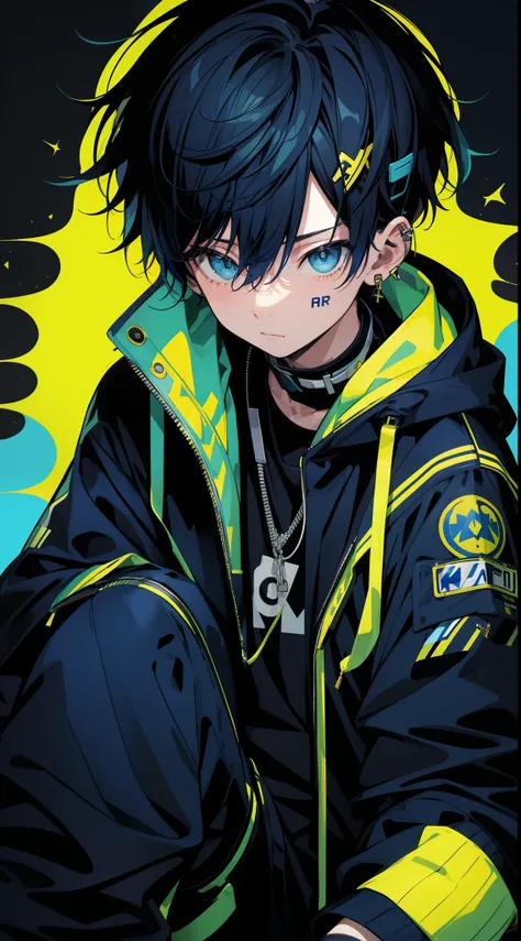 1 boy, (blue) hair, yellow black jacket, sit pose