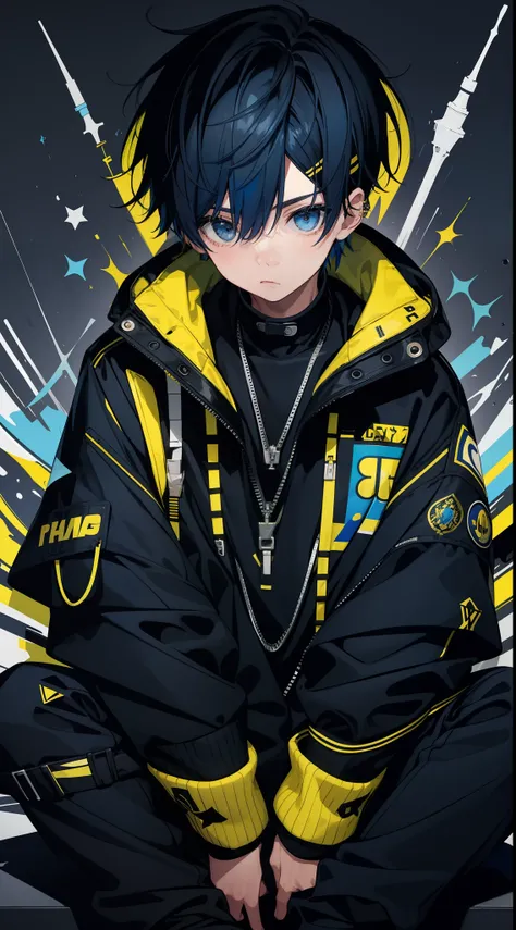 1 boy, (blue) hair, yellow black jacket, sit pose