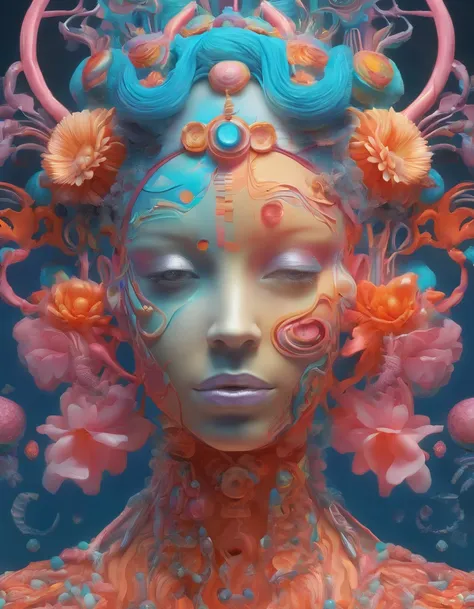 biomechanical style illustration beautiful woman, colorful melting human head. acrylic bubbles and flowers, ferrofluids, water distortions. looking up, intricate abstract. intricate artwork. beeple. blend of organic and mechanical elements, futuristic, cyb...