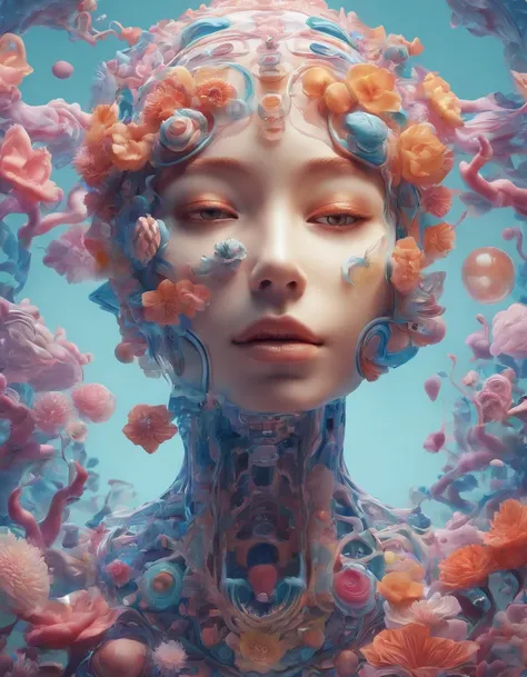 biomechanical style illustration beautiful woman, colorful melting human head. acrylic bubbles and flowers, ferrofluids, water distortions. looking up, intricate abstract. intricate artwork. beeple. blend of organic and mechanical elements, futuristic, cyb...