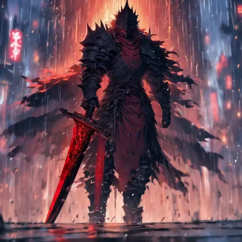 a close up of a person holding a sword in the rain, blood knight, fantasy knight, 8k high quality detailed art, badass anime 8 k, from arknights, evil knight, gothic knight, dark souls art style, arknights, fallen knight, knight armored in red, 4k fantasy ...