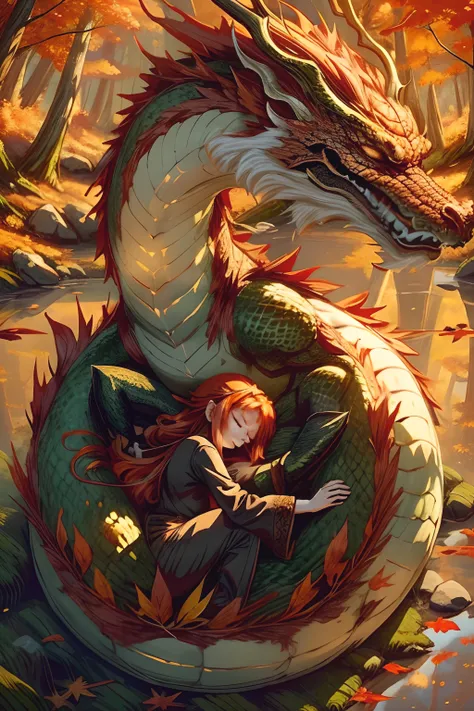 Sleeping (autumn) dragon in a beautiful fall (forest), female red-haired Finnish knight, sleeping on dragons belly, dusk, (leaves falling), calm, peaceful, detailed, high quality, high resolution, 8k, (unreal engine), film still, high saturation