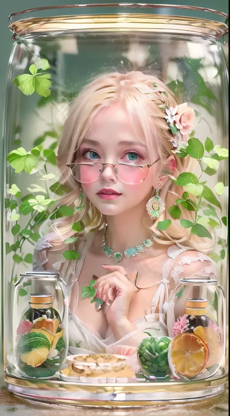 (Best quality,32K,A high resolution,Masterpiece:1.2),Ultra-detailed,(Realistic,Photorealistic,photo-realistic:1.37),Green clover hair,detailed hairs,Detailed eyes,Metal glasses frame,Tempting eyeballs,Reflective,Plump pink lips,Heart-shaped earrings,smilin...