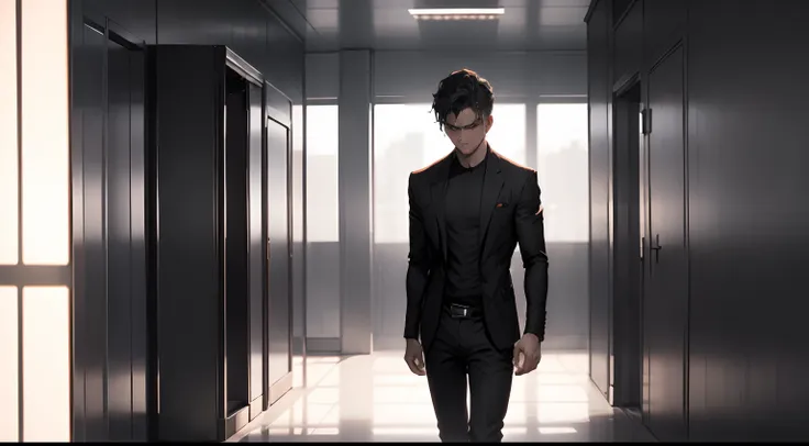 an angry and sad boy，stand in the elevator，elevator interior，full bodyesbian，k hd，tmasterpiece，full body photo