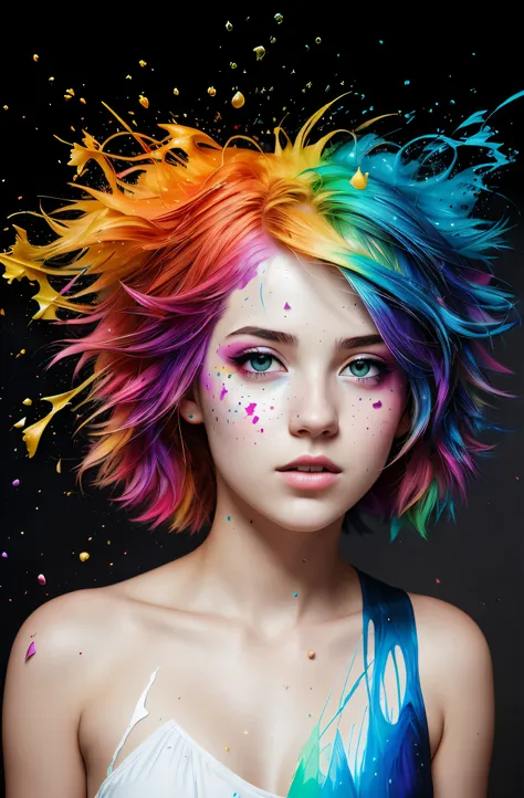 (level difference:1.8),(Paint colliding and splashing on the canvas),(depth of field),1girls side face blends into it,((side face)),open mouth,(liquid paint rainbow hair:1.1) made of paint and defies gravity,thick flowing,(paint splatter:1.3),Liquid state,...