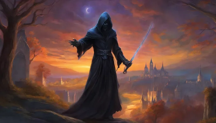 Pre-Raphaelites, grim reaper, death, plays violin, dancing souls, gothic atmosphere, dark, gloomy, cathedral background, oil painting, medieval