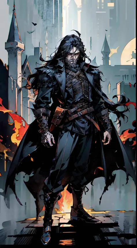 An old man with long black hair, black beard, a, deep and resolute eyes, glowing red eyes, well-defined features, stands on an endless dark castle, a dark fantasy-style outfit, black cloack, dark suit, combining elements of Central Asian ethnic clothing wi...