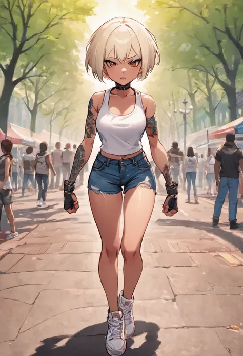 1girl, tan skin, white short hair, white sleeveless shirt, tattoo design on both arms, denim jeans with minor rips, high top sneakers, standing in park, afternoon, spring, absurdres, high res, ultra sharp, 8k, masterpiece, beautiful, looking at viewer