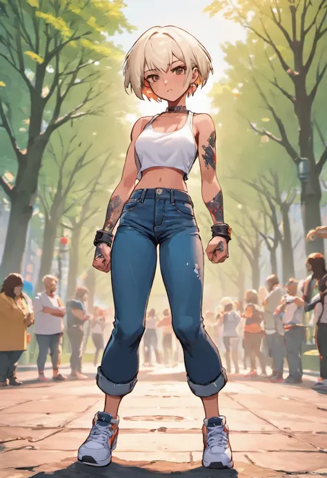 1girl, tan skin, white short hair, white sleeveless shirt, tattoo design on both arms, denim jeans with minor rips, high top sneakers, standing in park, afternoon, spring, absurdres, high res, ultra sharp, 8k, masterpiece, beautiful, looking at viewer