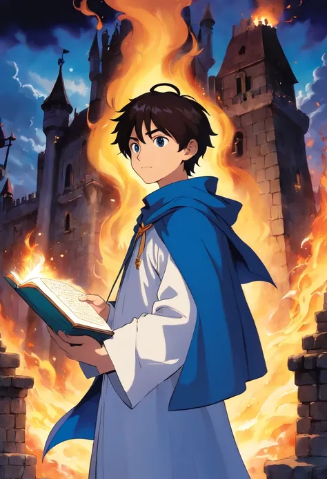 A young sorcerers apprentice with his magic book in hand, the book is on black fire, the young man is dressed in a white outfit with a dark blue cape, it is in the background is a burning castle, blue