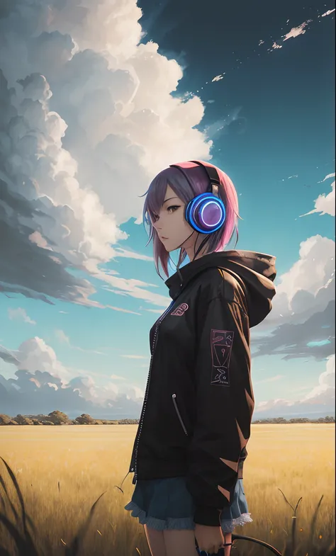 An anime cyberpunk girl wearing headphones and standing in a field, no estilo de retratos realistas hiper-detalhados, cabincore, cores terrosas, ambiciosos, dinopunk, atmospheric clouds, Bold manga-inspired characters