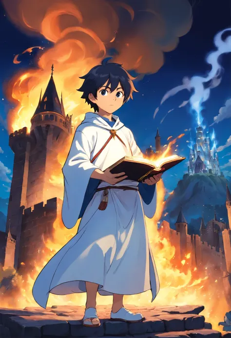 A young sorcerers apprentice with his magic book in hand, the book is on black fire, the young man is dressed in a white outfit with a dark blue cape, it is in the background is a burning castle, blue