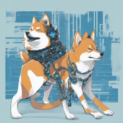 shiba inu, Cyber implants, ciberpunk, Background: Blue dots, connected by blue stripes