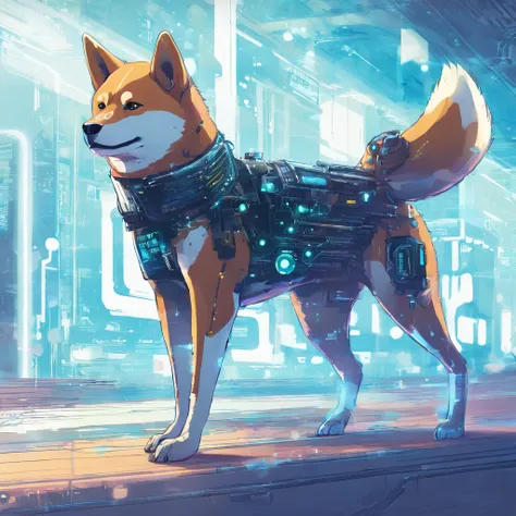 shiba inu, Cyber implants, ciberpunk, Background: Blue dots, connected by blue stripes