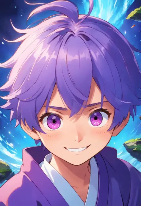 A boy with purple hair, one blue and one red eyes, smiling, wearing a traditional Japanese costume.